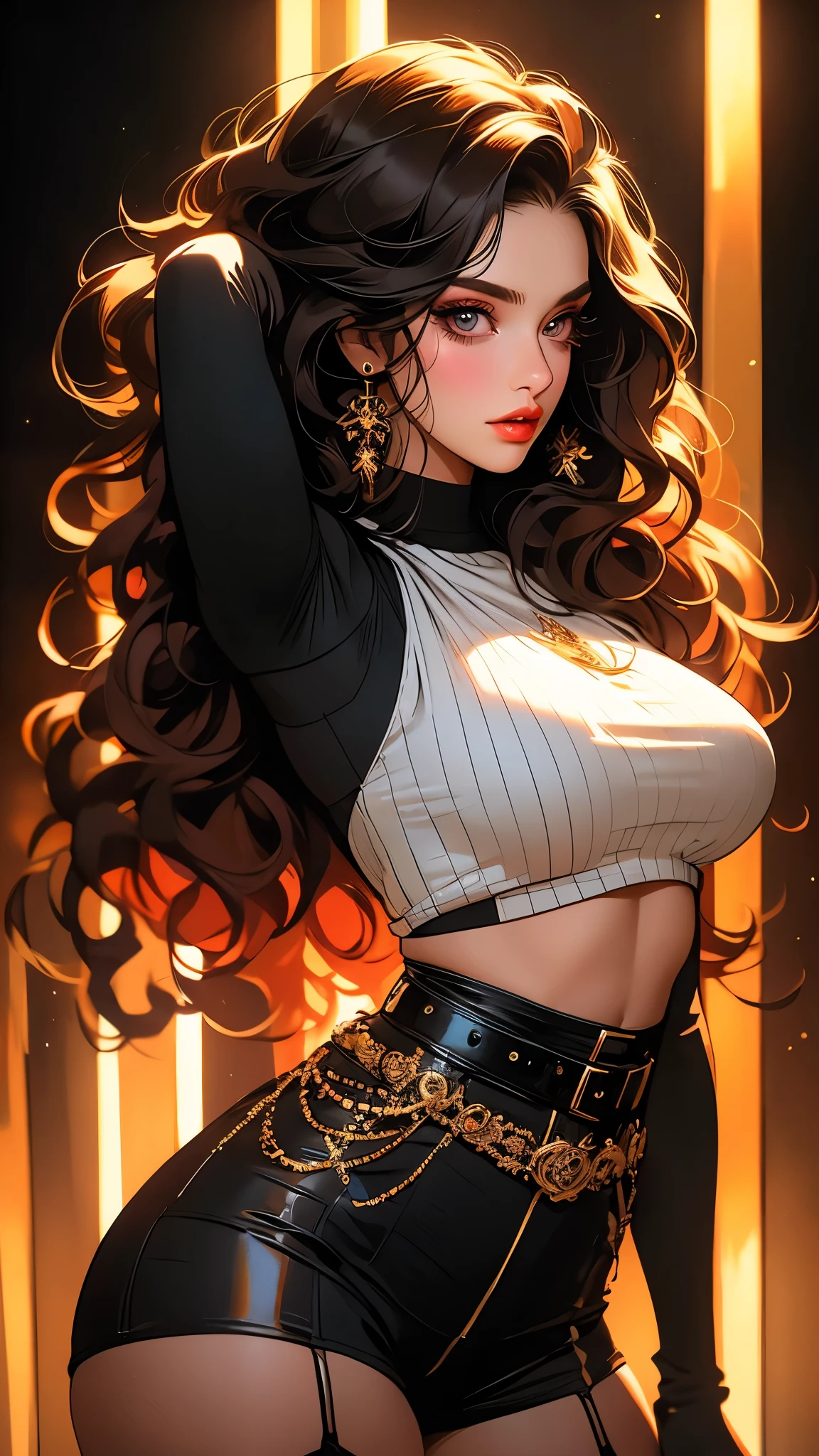 a beautiful young woman with striking, detailed eyes, wearing striped thigh-highs, red and white striped stockings, shorts, a black crop top tucked into the shorts, and a belt, with long curly hair, beautiful detailed eyes and lips, an extremely detailed face, long eyelashes, medium bust, nipples covered, under studio lighting, highly detailed, cinematic lighting, photorealistic, realistic skin texture, in a dynamic pose, with intricate details, a warm color palette, glowing skin, hyper detailed, vibrant colors, award winning photography, ethereal, elegant, alluring, portrait