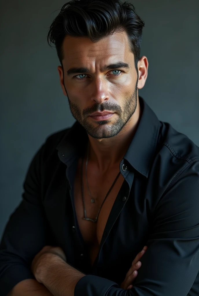  ice blue eyes, His black short hair, the broad body, the black shirt with two open buttons at the top and rolled up sleeves A striking face,. No beard and very very hot and dominant, mafia boss 