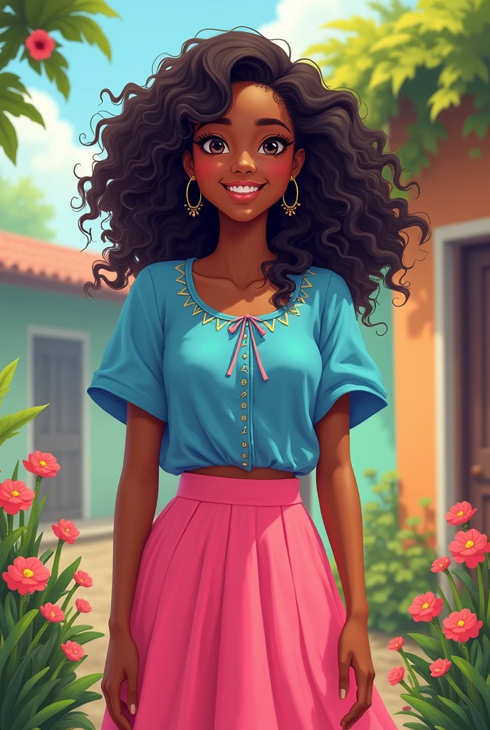 A girl, teacher, black skin, with curls, great attributes, Madura, with a pink skirt and blue blouse.