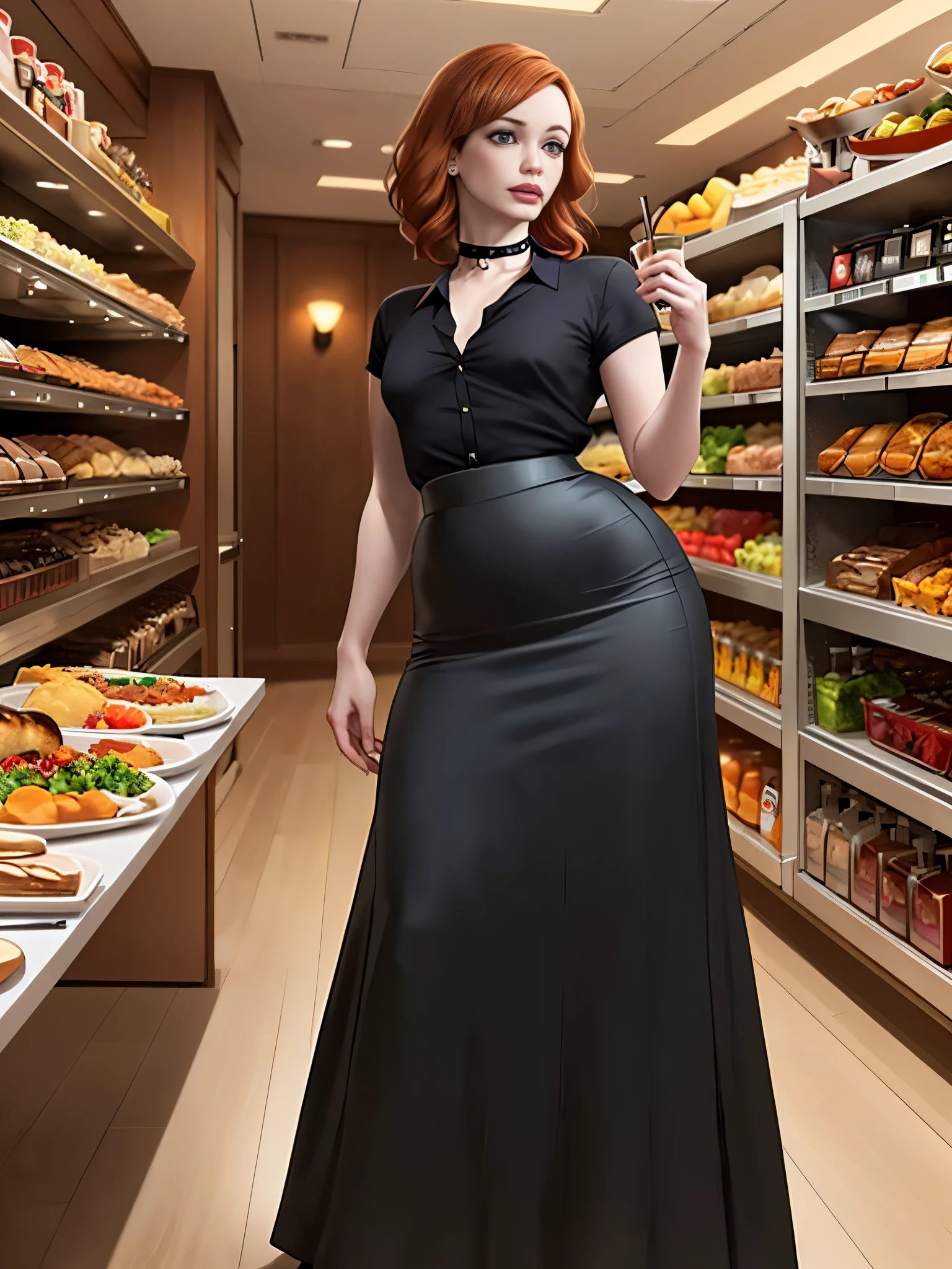 Christina Hendricks, (Christina Hendricks:1.5), masterpiece quality, (masterpiece quality:1.3), detailed, realistic, (realistic:1.3), 1girl, solo, (solo:1.9), alone, at a buffet restaurant, food in background, Thanksgiving day feast, food on shelves in background, wearing choker collar, wearing black blouse, (black blouse:1.5), wearing black dress, (black dress:1.5, long skirt, (long skirt:1.5), small breasts, (small breasts:1.5), thin body, 