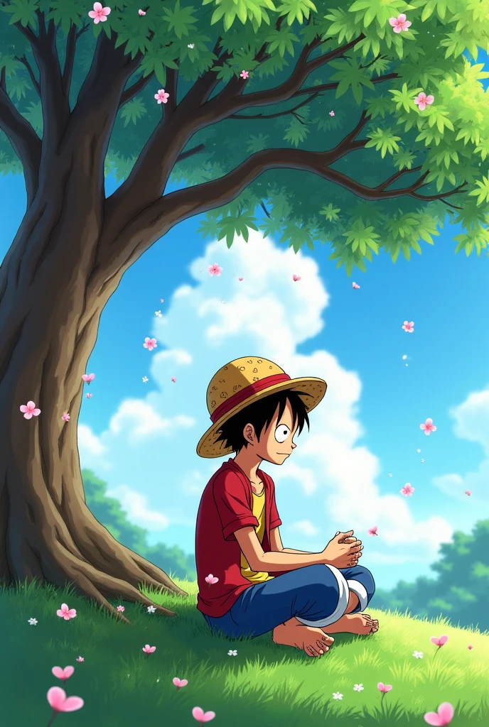 Character luffy from onepiece. Sitting under a blossom tree in a meditating position. The tree leaves are green and the tree bark is brown. Create it in the style of onepiece anime
