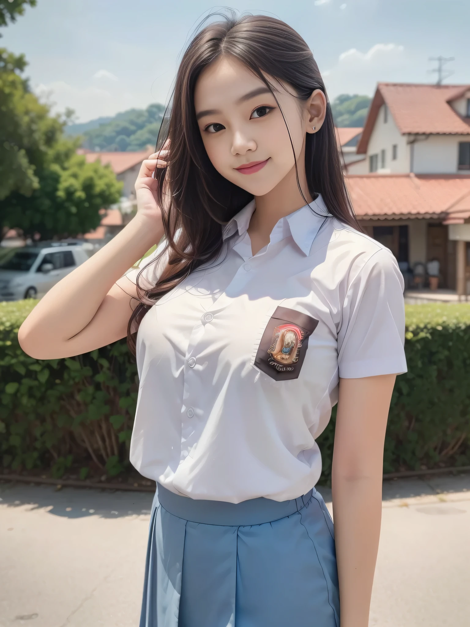 1girl, solo, (uniform), detailed Metropolitan city at the background, portrait, thick breasts, semi-curvy body, Sixpack abs, smooth realistic skin, cute smile, tight white shirt, grey blue short skirt, looking at the audience, high angle shot,(8k, RAW photo, best quality, masterpiece: 1.3), (realistic, realistic: 1.37), ultra-high resolution, cowboy shot