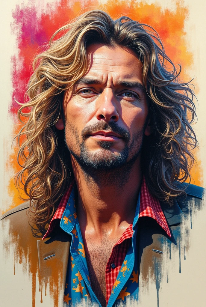 draw Robert Plant at the beginning of his career with his band symbol, colorful and realistic
