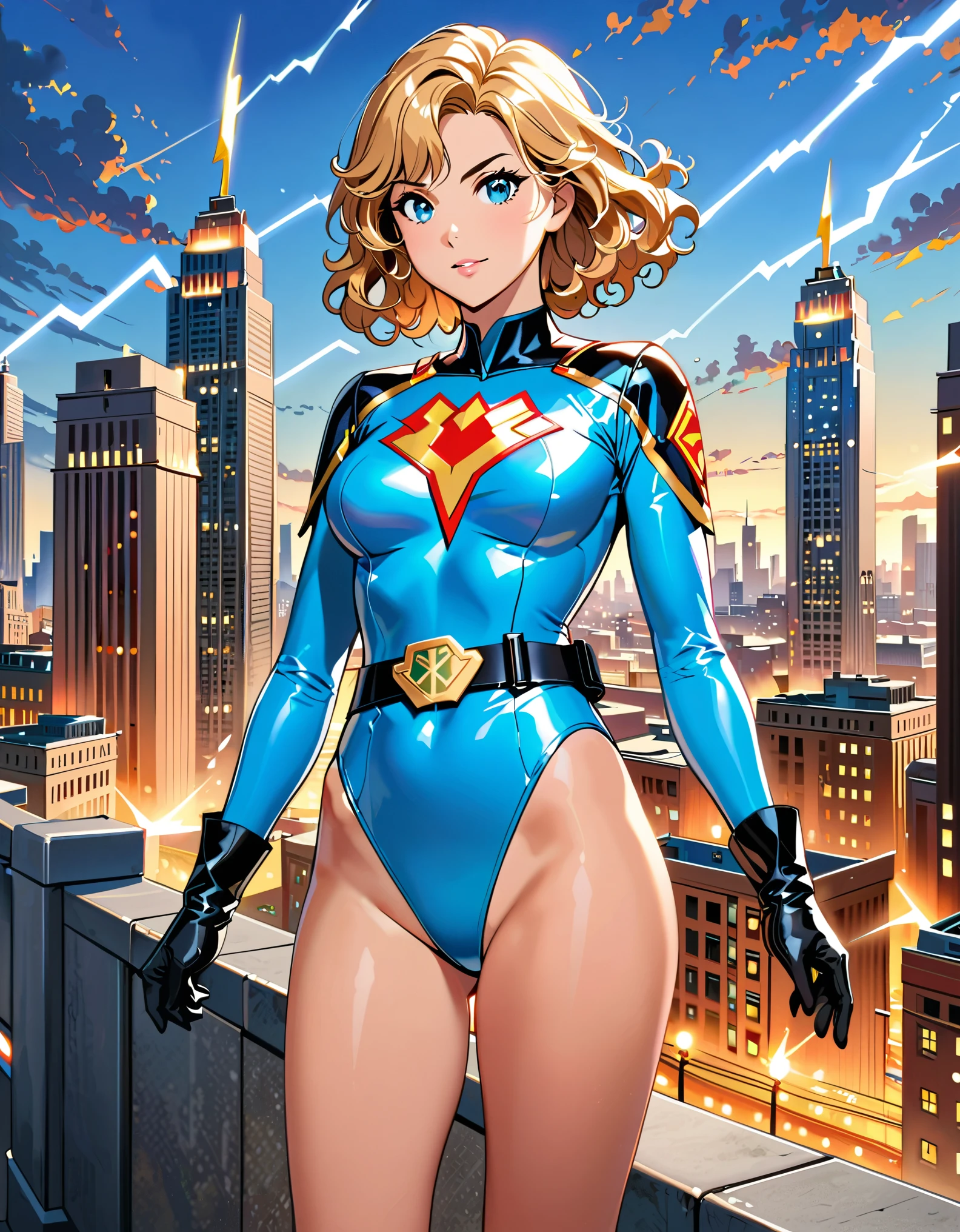 masterpiece, best quality, hires, 1girl, medium breasts, ((leotard, light blue leotard)), long sleeves, ((lighting bolt \(emblem\) on chest)), (bare legs), ((fastened tight belt)), black boots, matching boots, black gloves, city backdrop, solo, single, standing, full body shot, cowboy shot, superhero, beautiful detailed eyes, beautiful detailed face, blonde hair, (short hair), wavy hair, mature lady, teacher, perfect body. high school backdrop, outdoors, clear sky.