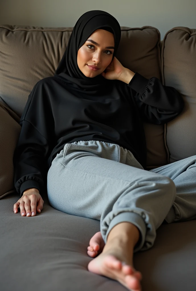 with black headscarf, grey sweatpants, bare feet, Sexy woman lying on the couch