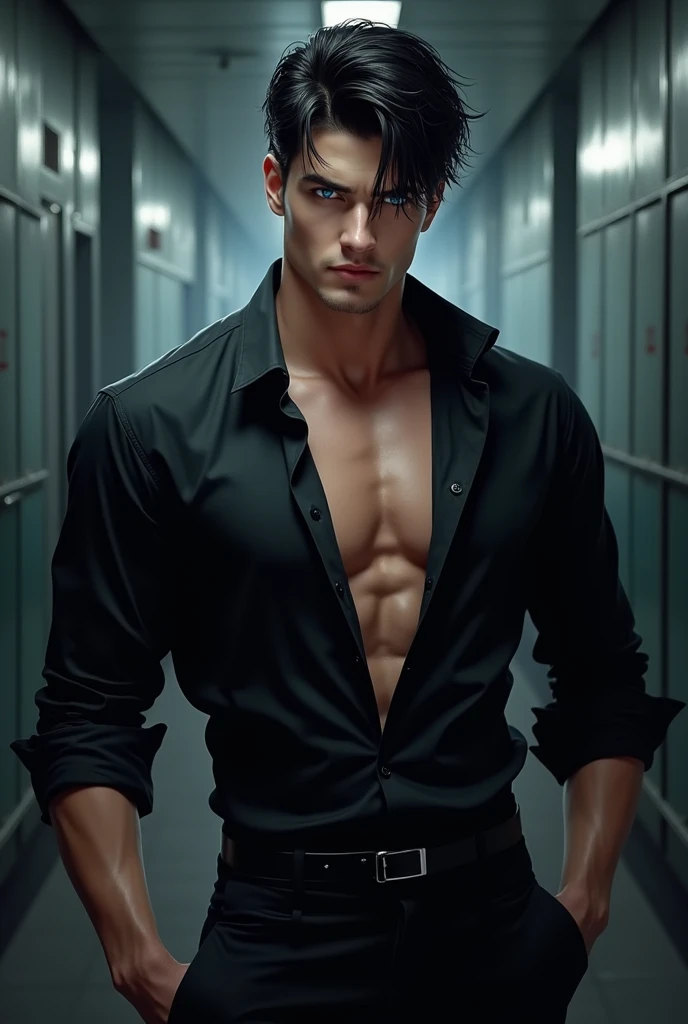 ice blue eyes, black hair, Wide body, the black shirt with two open buttons at the top and rolled up sleeves gave him an attractive, but also dangerous appearance. A striking face, which was characterized by a certain coldness, suggested, that this man was not easy to understand.he is a mafia boss and very attractive and hot and young