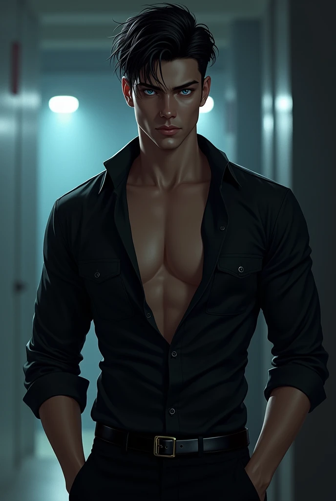 ice blue eyes, black hair, Wide body, the black shirt with two open buttons at the top and rolled up sleeves gave him an attractive, but also dangerous appearance. A striking face, which was characterized by a certain coldness, suggested, that this man was not easy to understand.he is a mafia boss and very attractive and hot and young