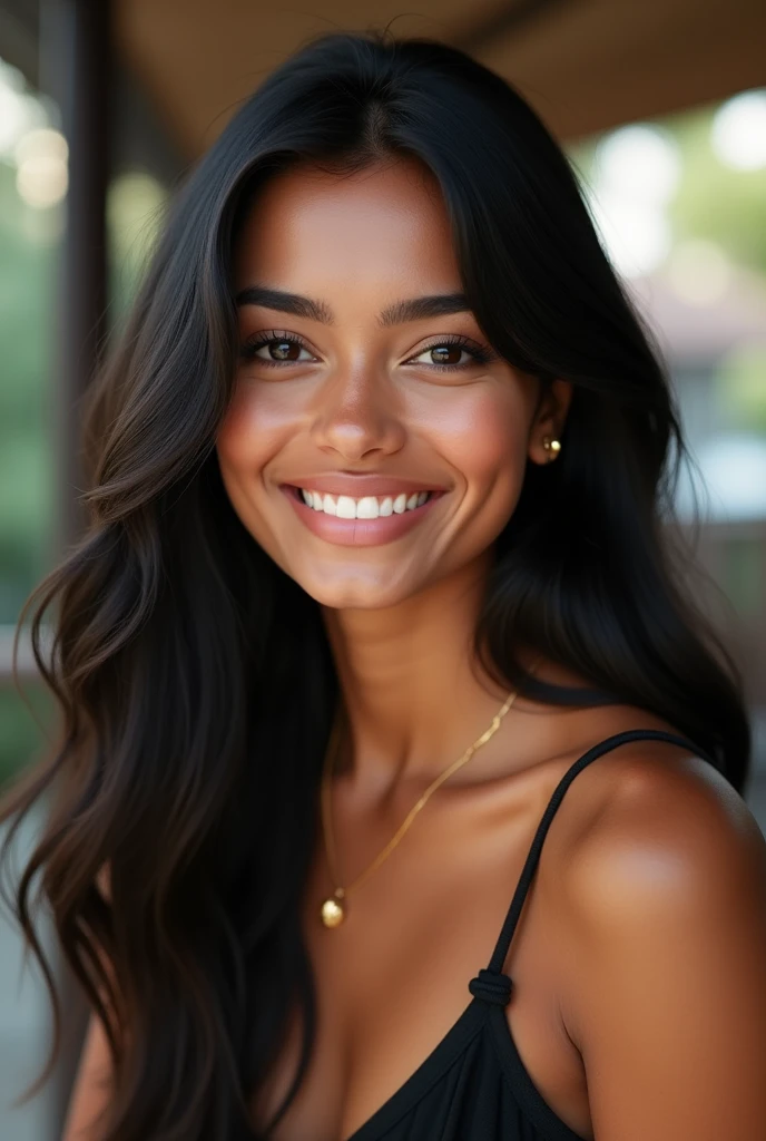 Generate an image of a young Indian girl who embodies the style and charm of a modern Instagram influencer. She is in her early twenties, with a medium brown skin tone and long, wavy black hair that falls gracefully over her shoulders. She has expressive dark brown eyes and a warm, inviting smile that radiates confidence.