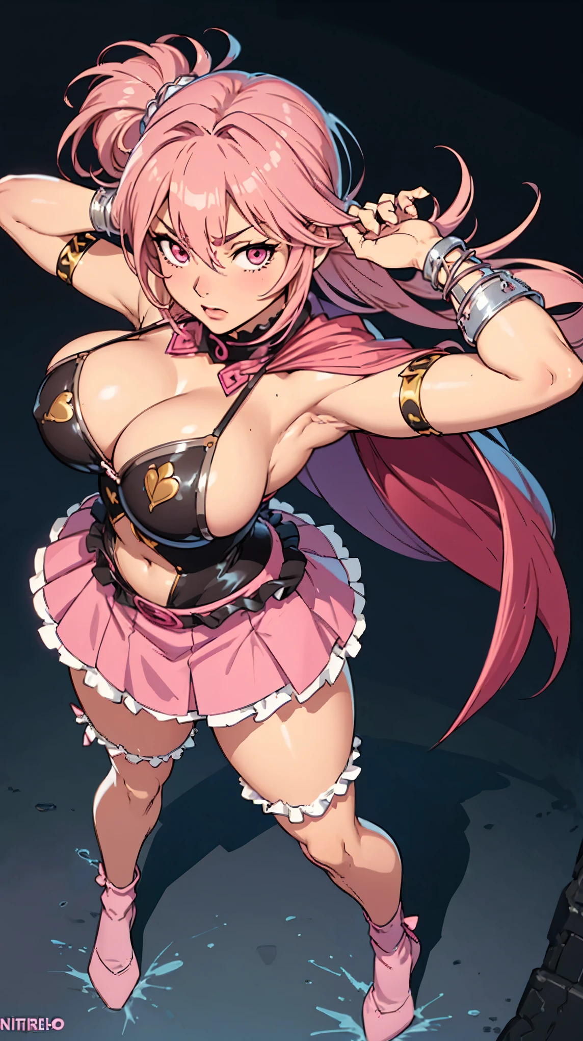 fresh female muscle hero アート イメージ, Big Breasts, beautiful, (((ntricate)) tight costume、mini highschool skirt with frills, messy pink hair, massive breasts, Luis Royo, Boris Vallejo, J. Scott Campbell, Extreme concentration, Sharp details, sexy, Oily skin, Show me your legs, bare shoulder, Fluttering cape, whole body, (from above), character art, game art, pose ready for action,