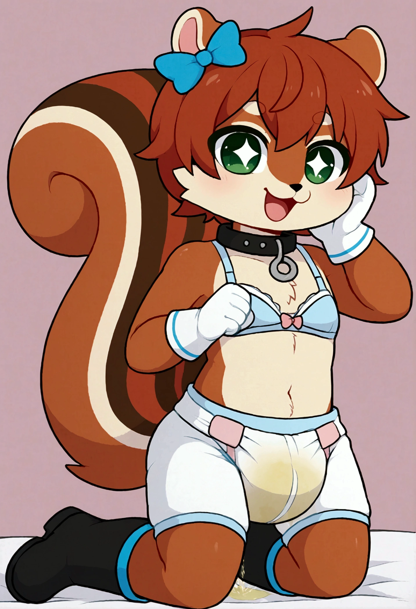 boy, squirrel, furry, bodyfur, tail, collar, bra, bottomless, gloves, boots, chibi, sparkling eyes, idol, hair bow, happy, full body, diapers, bed, peeing