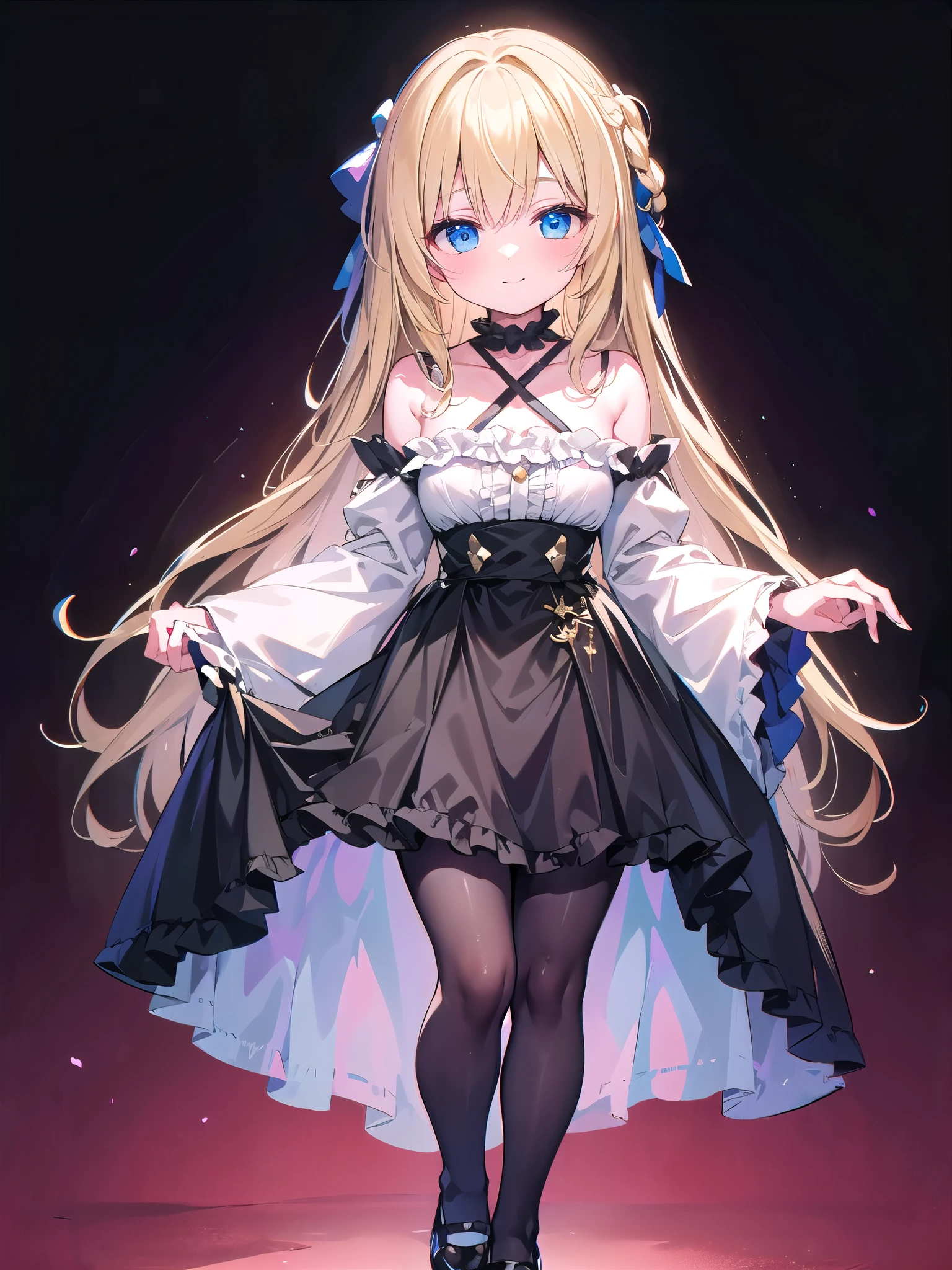 ultra detailed, masterpiece, best quality, solo, soft smile, light smile, 
1girl, blue eyes, very long hair, blonde hair, long blonde hair, french braid, bangs, medium breasts,
hair ribbon, frilled choker, criss-cross halter, sleeveless dress, high-waist skirt, backless dress, waist bow, detached sleeves, frilled sleeves, wide sleeves, pantyhose, patterned legwear, mary janes, watercolor, lineart, rough sketch, RGB, chromatic aberration,