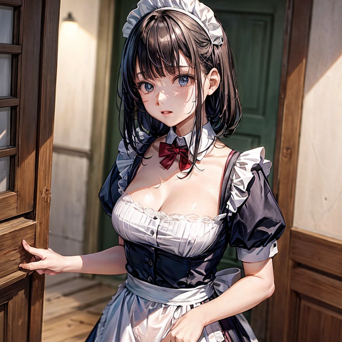 A woman is wearing a maid's uniform and standing backwards on the floor, alone, ((Stick your ass out here)), (shiny dark pink satin panties:1.3), Lift up the skirt with both hands and flip it up, Punishing