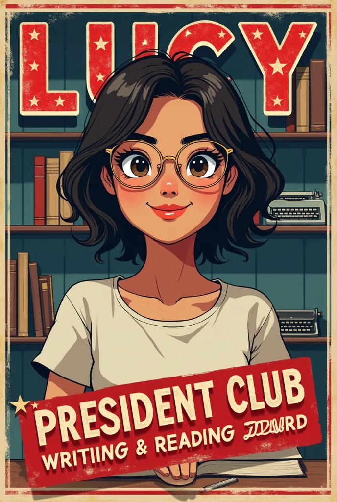Create a propaganda for the presidency of the writing and reading club. The applicant will be called: Lucy. There must be three qualities of her, Two changes that will be made under his mandate, a slogan that represents your figure. All of this must have at least a rhetorical resource and an advertising technique..