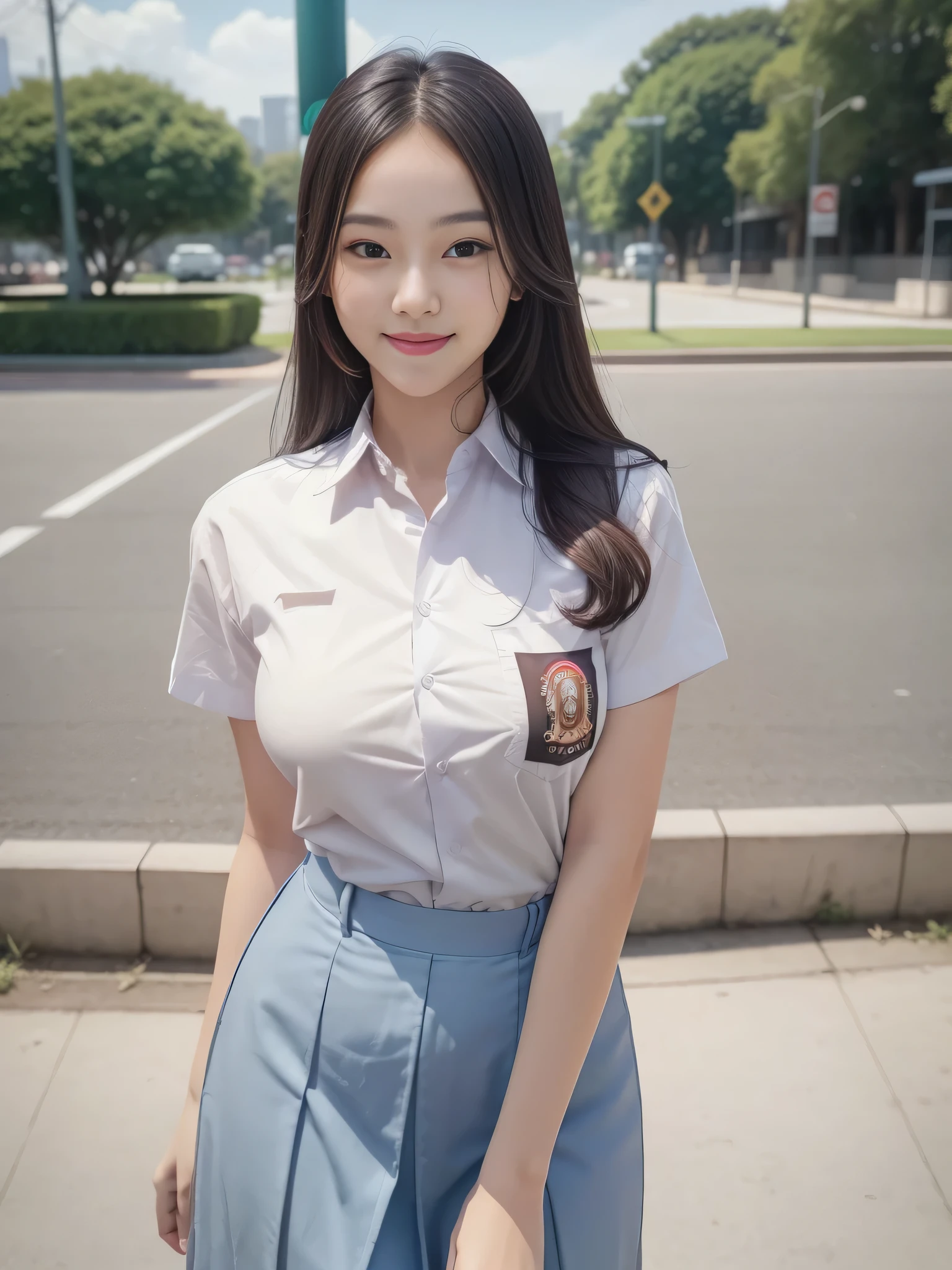 1girl, solo, (uniform), detailed Metropolitan city at the background, portrait, thick breasts, semi-curvy body, Sixpack abs, smooth realistic skin, cute smile, tight white shirt, grey blue short skirt, looking at the audience, high angle shot,(8k, RAW photo, best quality, masterpiece: 1.3), (realistic, realistic: 1.37), ultra-high resolution, cowboy shot