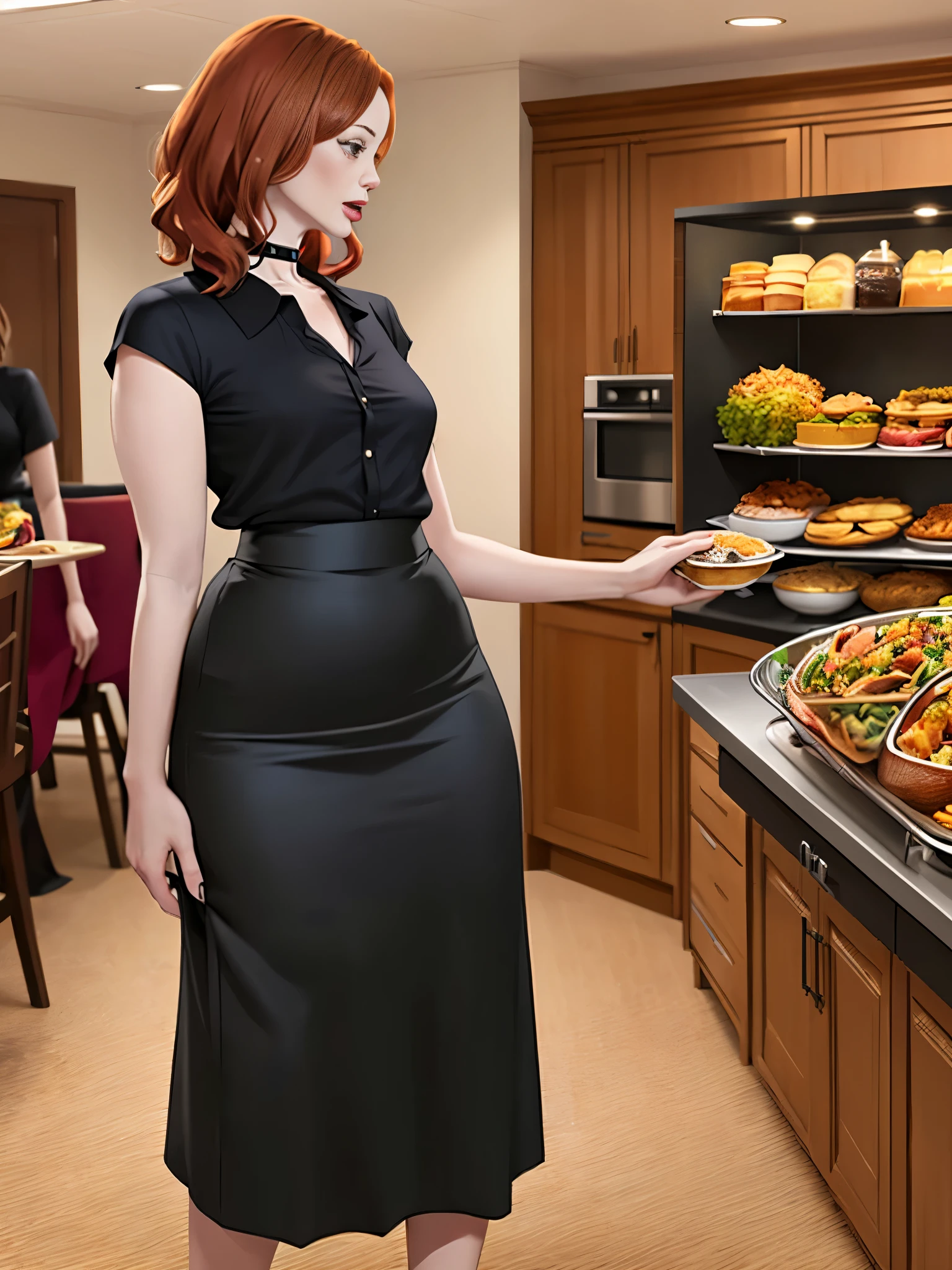 Christina Hendricks, (Christina Hendricks:1.5), masterpiece quality, (masterpiece quality:1.3), detailed, realistic, (realistic:1.3), 1girl, solo, (solo:1.9), alone, at a buffet restaurant, food in background, Thanksgiving day feast, food on shelves in background, food on table in background, wearing choker collar, wearing black blouse, (black blouse:1.5), wearing black dress, (black dress:1.5), long skirt, (long skirt:1.5), small breasts, (small breasts:1.5), thin body, 