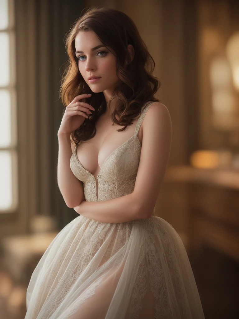 romantic steampunk style, masterpiece, full color photo, best quality, 8k, artstation, sharp focus, ultrarealistic, high details, raw photo, undercut hair, freckles, glass dress, amazing body, pronounced feminine feature, (redhead:0.4), (photorealistic:1.3), (highest quality:1.3), (film grain:1.3), ( world's best photography:1.3), (professional Photo:1.3), (detailed details:1.3), (cinematic light:1.3), ( cinematic color:1.3), maximum depth of field, film photography, ( intricate details:1), (hyperdetailed:1), (((SFW)))