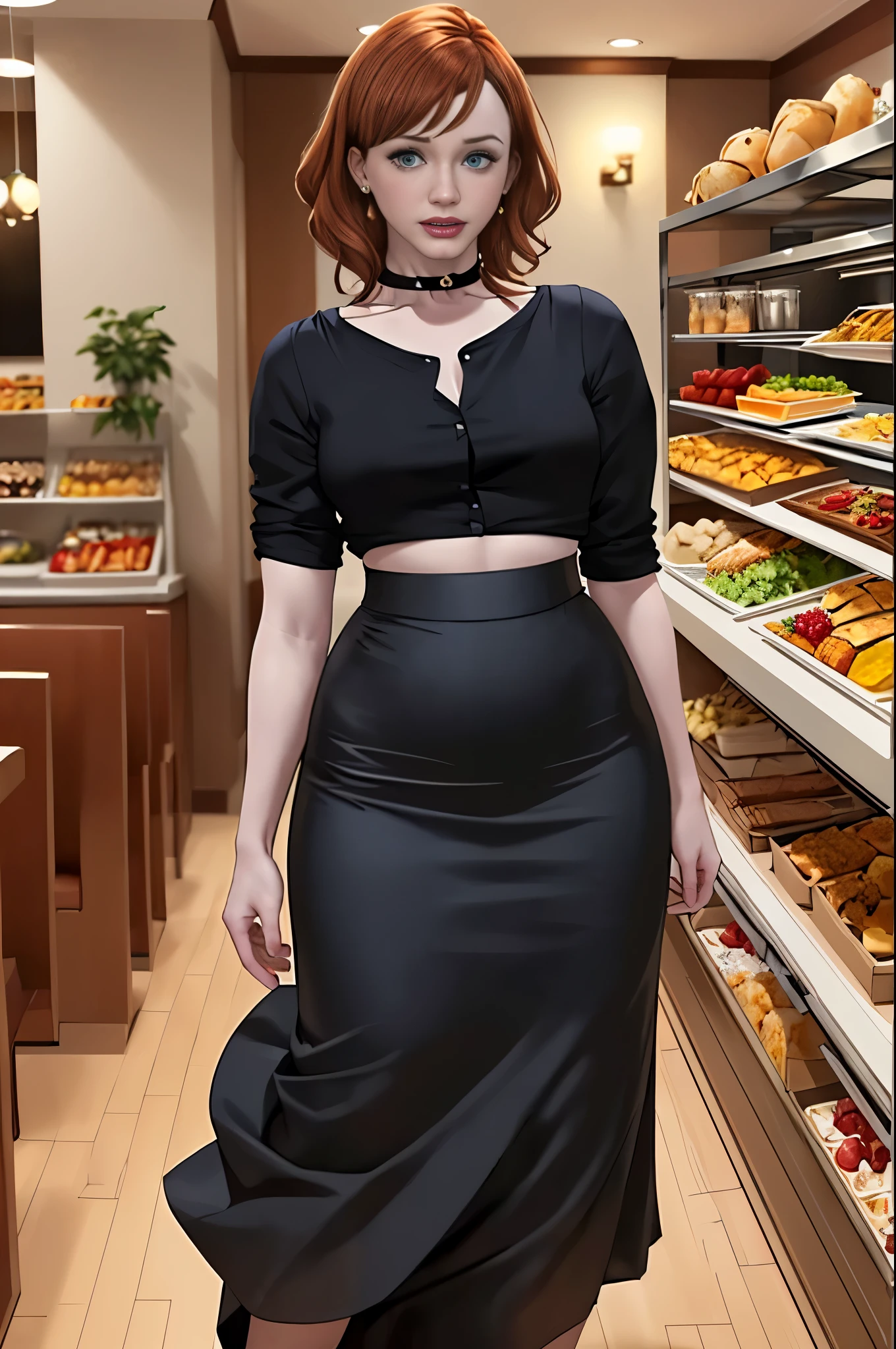 Christina Hendricks, (Christina Hendricks:1.5), masterpiece quality, (masterpiece quality:1.3), detailed, realistic, (realistic:1.3), 1girl, solo, (solo:1.9), alone, at a buffet restaurant, food in background, Thanksgiving day feast, food on shelves in background, food on table in background, wearing choker collar, wearing black blouse, (black blouse:1.5), wearing black dress, (black dress:1.5), long skirt, (long skirt:1.5), small breasts, (small breasts:1.5), thin body,