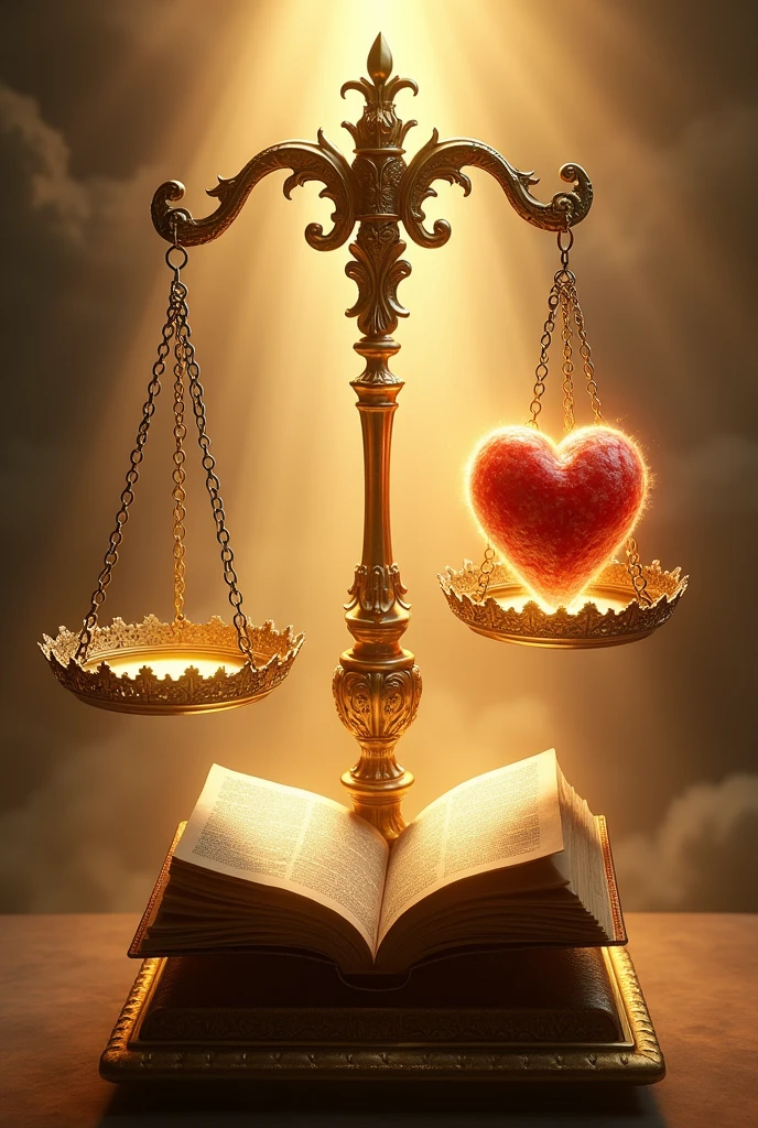 a golden scale weighing the holy bible on one side and a heart on the other 