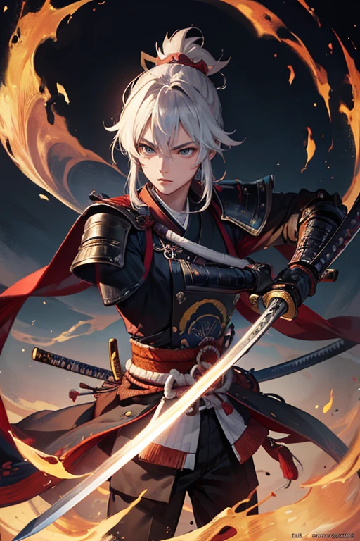 (Highest quality、 8k 、masterpiece、High resolution)、Japanese Samurai、1. Man、Master swordsman of the Edo period、Musashi Miyamoto、Dual-wielding master、Holding a sword in both hands、
