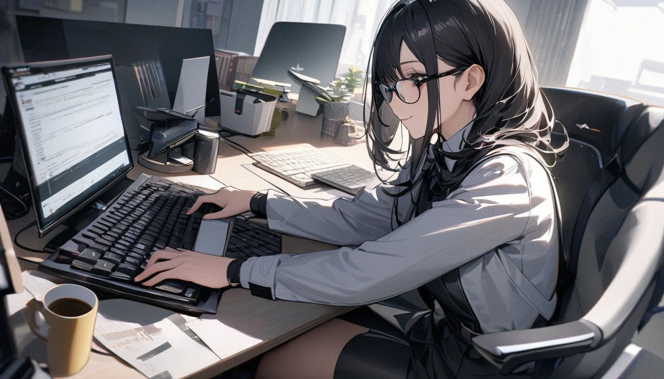 パソコンで仕事をするProfessionalグラマー,Portraiture,Professional,Wearing a smart suit,Stylish glasses,Typing on a sophisticated computer,Use a wireless mouse,Sitting at a modern desk,A soft smile,Soft natural light,High resolution,High resolution,Very detailed.One Woman ,alone, Beautiful black hair ,Undistorted keyboard, focusing