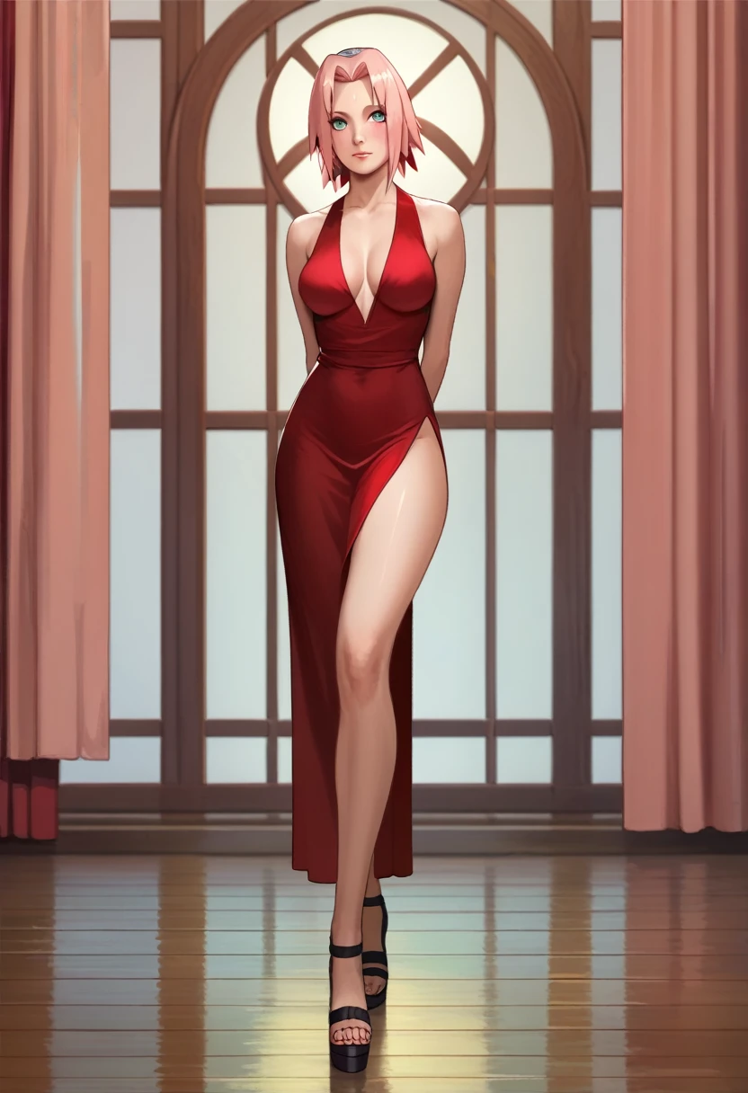 女の子1人,sexy body,perfect body,sexy long dress, sexy red dress, dress come apart at the legs, high heels, pushes chest forward,Breasts peep out, standing ballroom, beautiful big room, red curtains in the distance, arms behind back, Sakura Haruno from naruto, Sakura, 