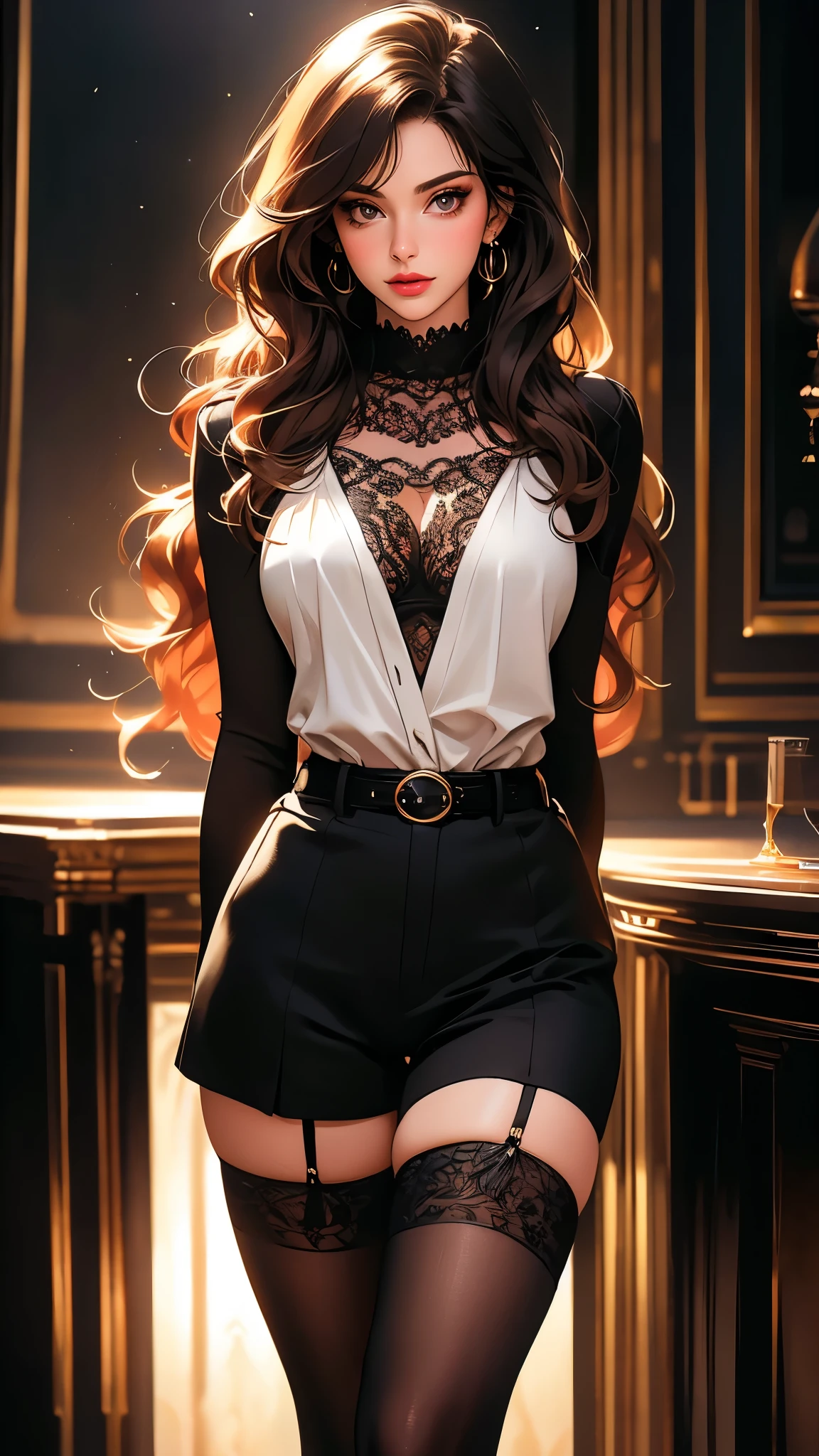 a beautiful young woman with striking, detailed eyes, wearing striped thigh-highs, red and white striped stockings, shorts, a black crop top tucked into the shorts, and a belt, with long curly hair, beautiful detailed eyes and lips, an extremely detailed face, long eyelashes, medium bust, nipples covered, under studio lighting, highly detailed, cinematic lighting, photorealistic, realistic skin texture, in a dynamic pose, with intricate details, a warm color palette, glowing skin, hyper detailed, vibrant colors, award winning photography, ethereal, elegant, alluring, portrait. Освещение в изображении должно быть мягким и атмосферным., создание мистической и сказочной атмосферы. - мистическая атмосфера. Изображение должно было иметь общее ощущение мистики и потустороннего мира., с еще большим количеством элементов фэнтези. (Идеальные детали: 1.1), (красивый и четкий фон: 1.2), (Чрезвычайно детализированная компьютерная графика, Ультра подробный, лучшая тень: 1.1), (мелко детализированные красивые глаза), ( полнометражный 1.1)