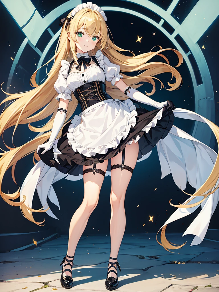 masterpiece, best quality, extremely detailed, anime, 1girl solo girl, 14 year old woman, longhair, blonde, green eyes, french maid, latex, laced corset with black lacing, white underbust, white apron, frill, mini skirt, black layered skirt, white skirt, black garter belt, black stockings, high-heeled shoes, short sleeves, elbow gloves, white gloves, slender, small breast, slightly slimmer thighs, beautiful detailed face and eyes, fearless, smile, standing figure, full body, no background
