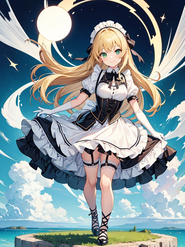 masterpiece, best quality, extremely detailed, anime, 1girl solo girl, 14 year old woman, longhair, blonde, green eyes, french maid, latex, laced corset with black lacing, white underbust, white apron, frill, mini skirt, black layered skirt, white skirt, black garter belt, black stockings, high-heeled shoes, short sleeves, elbow gloves, white gloves, slender, small breast, slightly slimmer thighs, beautiful detailed face and eyes, fearless, smile, standing figure, full body, no background