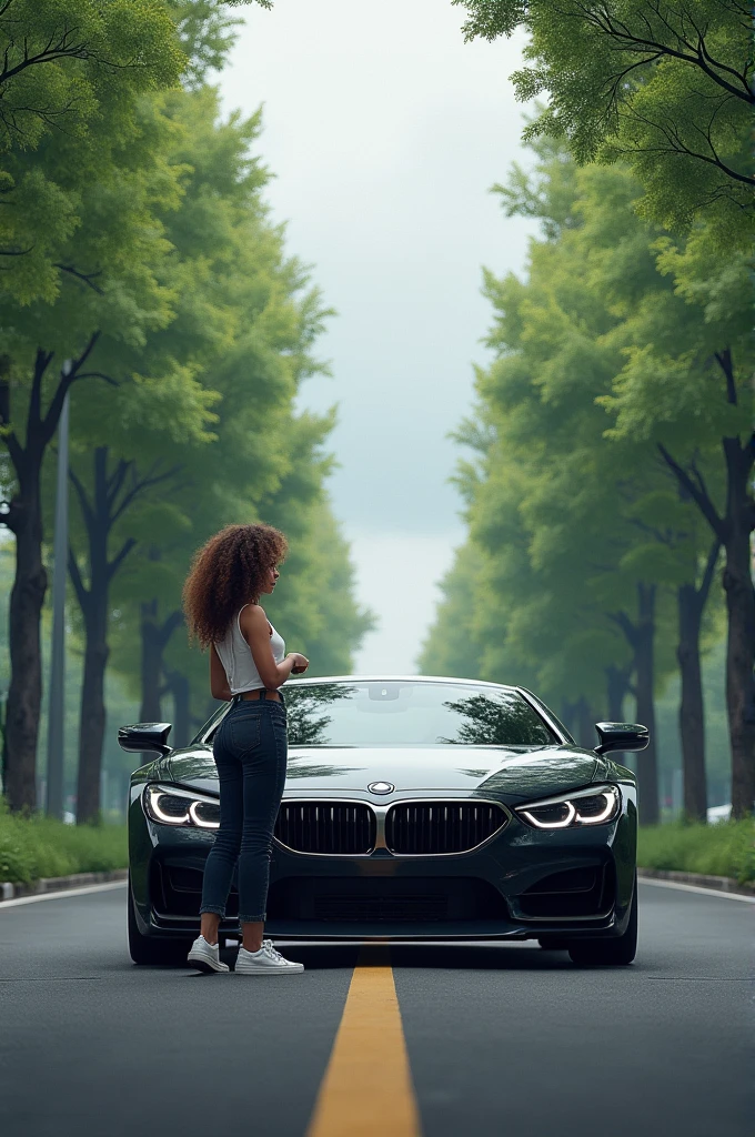 A paved road with trees on the sides of the road, The sky is grey, and a girl with curly brown hair standing next to her big black latest model car on the asphalt road