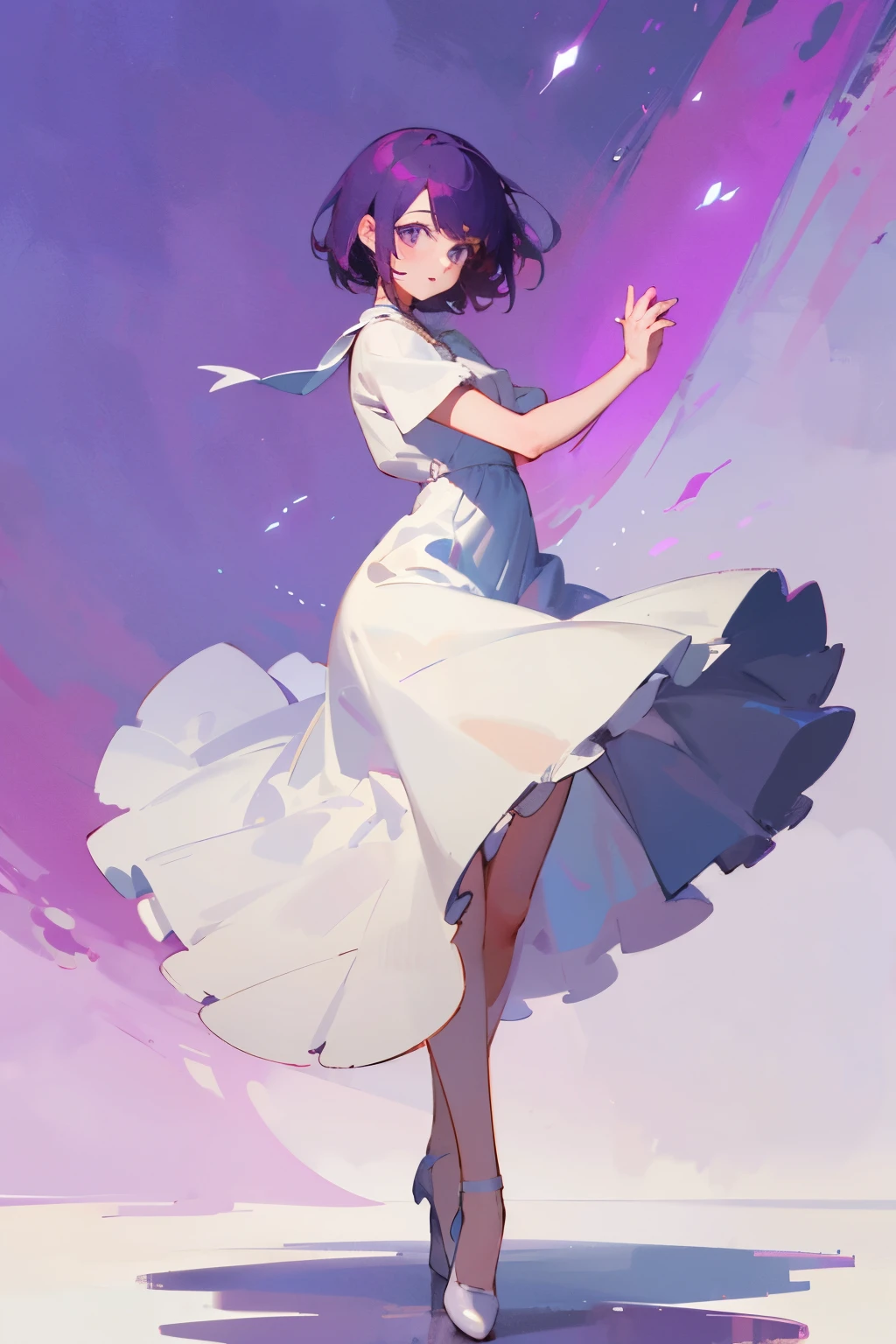 Girl with short purple hair in a white dress, beautiful advanced background in purple color, Ultra-high image quality, 8 K, dancing