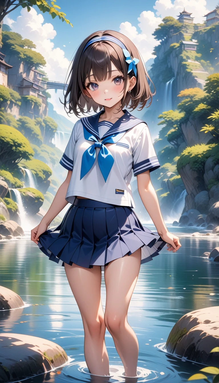Cornflower art, dreamy, (masterpiece, top quality, perfect anatomy, beautiful face, realistic, super detailed, 1 girl, 18 ears senile, solo, depth of field, canon 24mm lens, f1.4, cute_girl, sailor_ collar, clear facial features, short sleeves, big, slender stature, height 170, barefoot, double ponytail, bangs, gravure pose, outdoor, jungle, blurred background, (Uwabaki: 1.1576)) drenched all over the body, clear liquid dripping from the crotch,