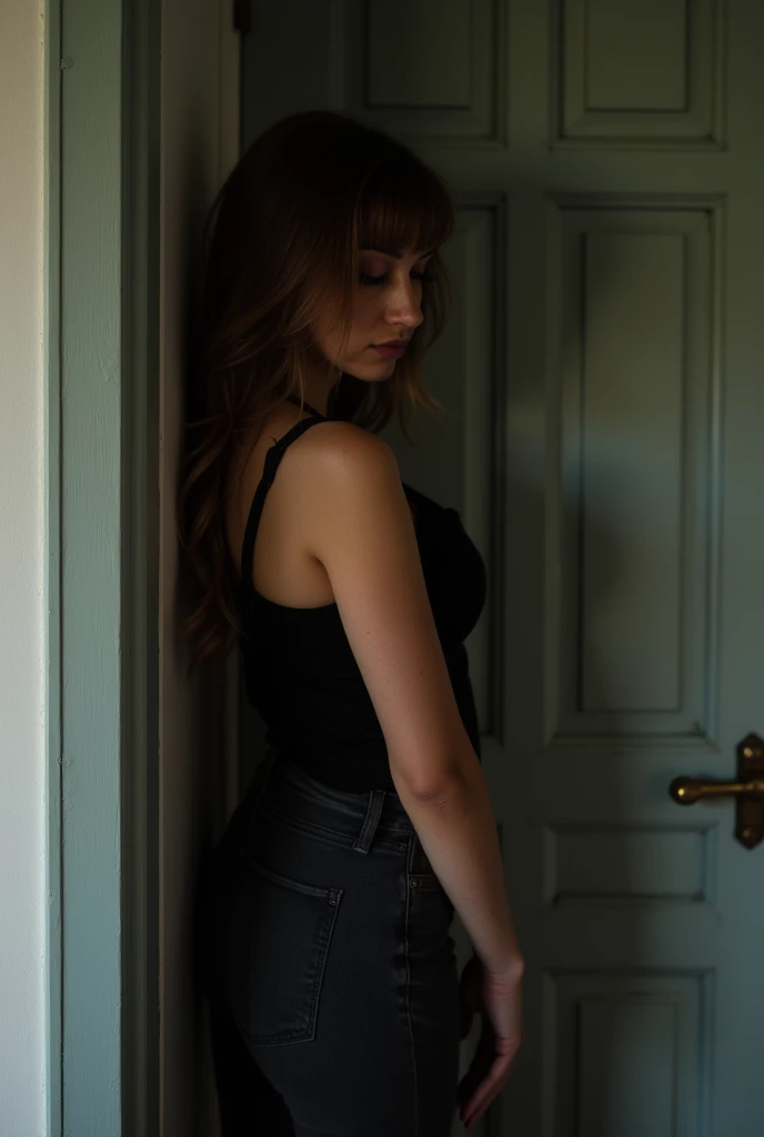 Sad woman leaning on door frame, the image must be from the navel up