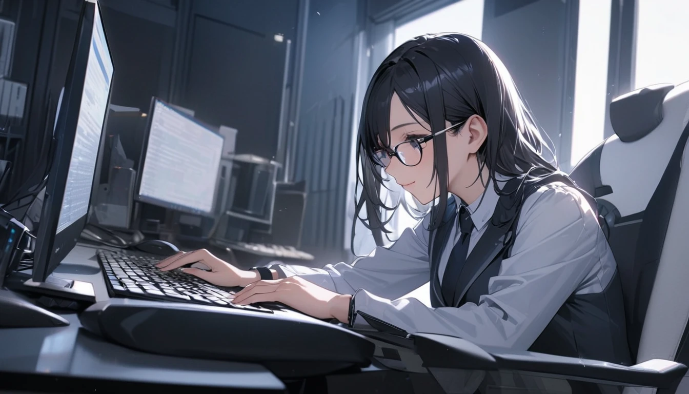 パソコンで仕事をするProfessionalグラマー,Portraiture,Professional,Wearing a smart suit,Stylish glasses,Typing on a sophisticated computer,Use a wireless mouse,Sitting at a modern desk,A soft smile,Soft natural light,High resolution,High resolution,Very detailed.One Woman ,alone, Beautiful black hair ,Undistorted keyboard, focusing