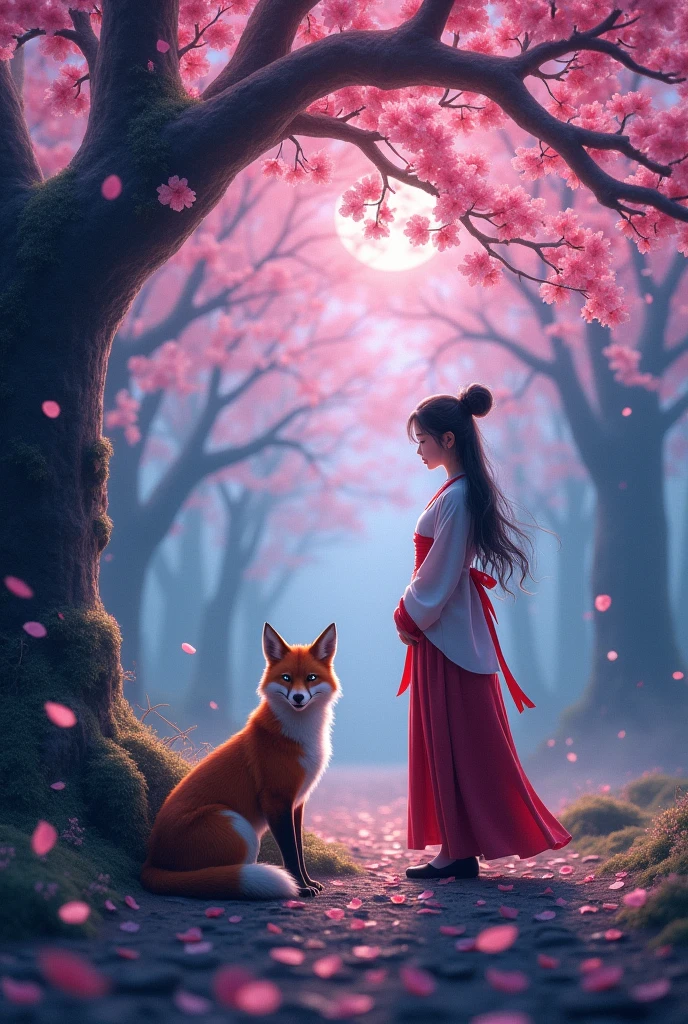 "Create a vivid and enchanting scene set in a mystical Japanese forest during twilight, where Aiko, dressed in traditional attire, stands gracefully under a blooming Sakura tree with delicate petals gently falling around her. Beside her, a majestic fox spirit with glowing eyes watches over her, symbolizing protection and wisdom. Incorporate short, impactful text like 'Magic Japanese Legend' in bold, contrasting colors that stand out against the serene background, ensuring the thumbnail is both eye-catching and evocative."