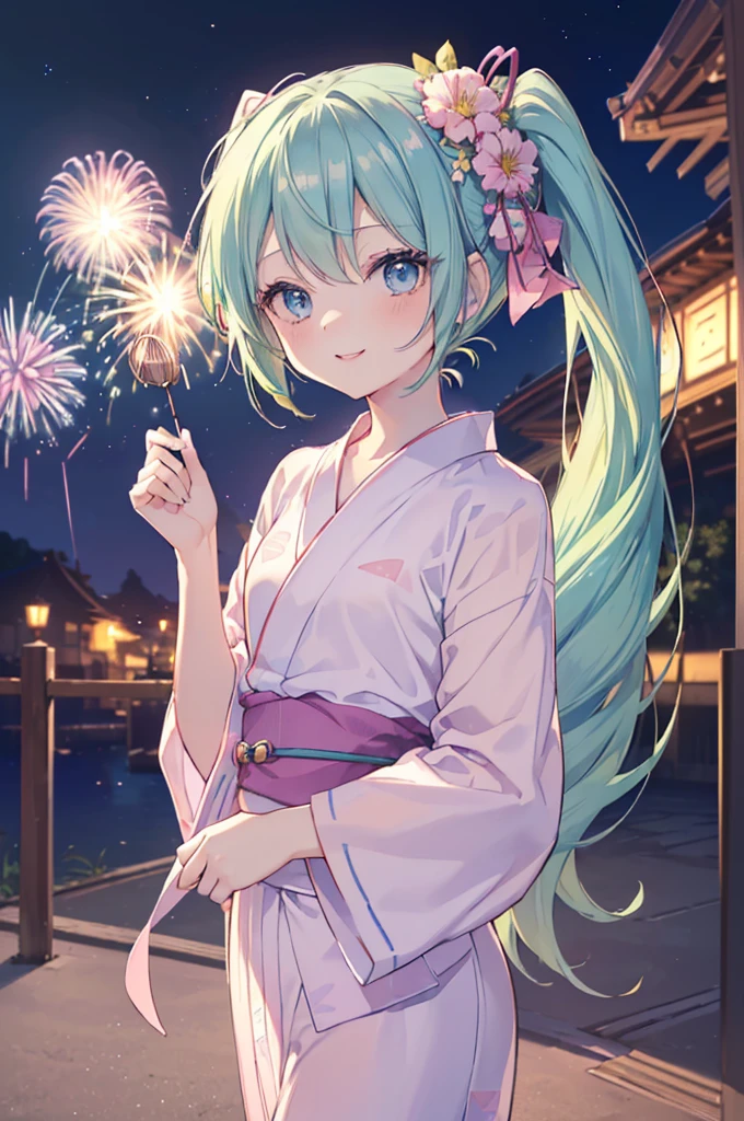 (((髪UP,Green Hair,顔UP,Look up,))),(((Highest quality、masterpiece、Ultra-fine、Ultra-fine、髪UP,Green Hair,Exquisite、16K、顔UP,Look up,The best smile,Full HD、,Hatsune Miku,))),( ((summer,One person,Cute Yukata,)))Blue Eyes、Long eyelashes、White skin、(Pale pink lips、Pale pink cheeks、thin and long)、 (((Cute Yukata,The best smile)), ((One person)) 、(blue sky)) 、 (Walking in a yukata at dusk, the moment fireworks bloom in the night sky)、