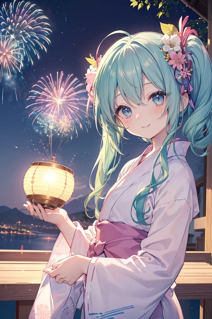 (((髪UP,Green Hair,顔UP,Look up,))),(((Highest quality、masterpiece、Ultra-fine、Ultra-fine、髪UP,Green Hair,Exquisite、16K、顔UP,Look up,The best smile,Full HD、,Hatsune Miku,))),( ((summer,One person,Cute Yukata,)))Blue Eyes、Long eyelashes、White skin、(Pale pink lips、Pale pink cheeks、thin and long)、 (((Cute Yukata,The best smile)), ((One person)) 、(blue sky)) 、 (Walking in a yukata at dusk, the moment fireworks bloom in the night sky)、