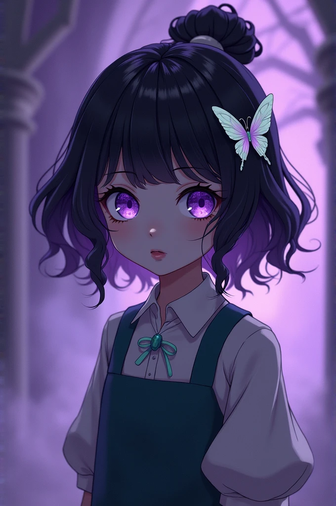 A young girl named Shinobu is a  young girl with a slender build., and a pale complexion and large, compound eyes that lack and go to the house of the damnedpilas, just a purple gradient mist, making their eyes look similar to those of insects. She has black wavy hair that fades to dark purple., stylized on the back of his head in a flat Yakai-Maki bun, attached with a white butterfly ornament, turquoise and light purple. She has voluminous curtain bangs, at ear height, that flows down to frame the sides of your face, with two slightly thinner strands of hair in front of their ears below them