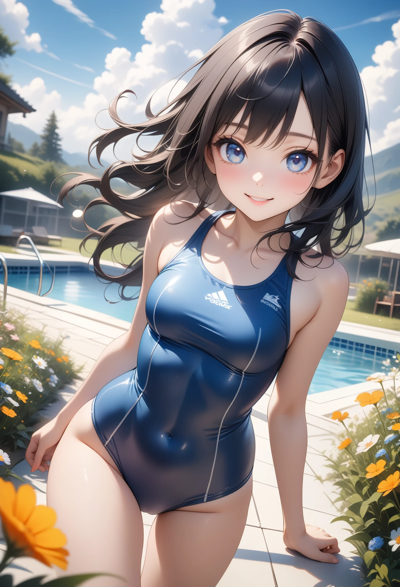 ​master piece,hyper quality, Hyper Detailed,Perfect drawing,NFSW,3D,8K Illustration、clearface、Hi-Res、Gentle smile、white school swim suit、nice background、beatiful backgrounds、Detailed drawing、Perfect Beautiful Girl、（Sweat:1.5）