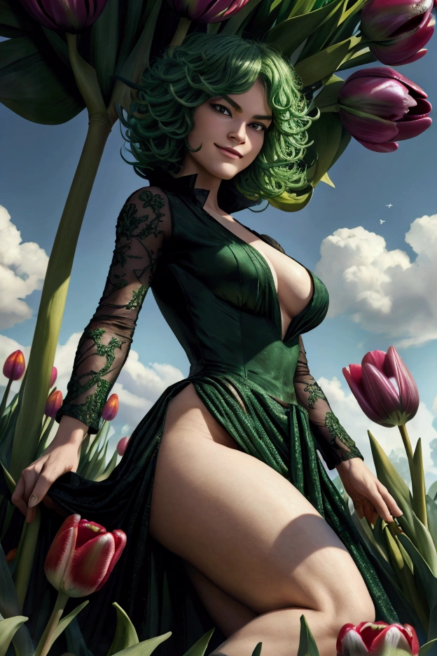 Masterpiece, Best Quality, Super Detailed, High Definition, Expensive Resolution, HDR, Super Detailed CG, Beautiful Details, Depth, Fine Texture, Super Fine, Complete concentration, (Tatsumaki), sexy, pale skin, green hair, smirk, black dress, pelvic curtain, (in a tulip field), surrounded by tulips, vibrant colors, detailed eyes, highly detailed, fine detail, intricate details, volumetric lighting, 