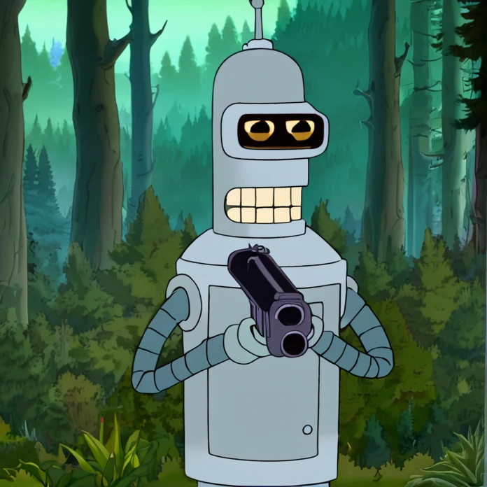 Bender, looking at viewer, holding gun, Forest