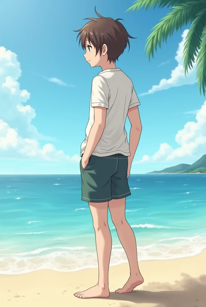 Anime boy short brown hair skin color beach shirt beach pants