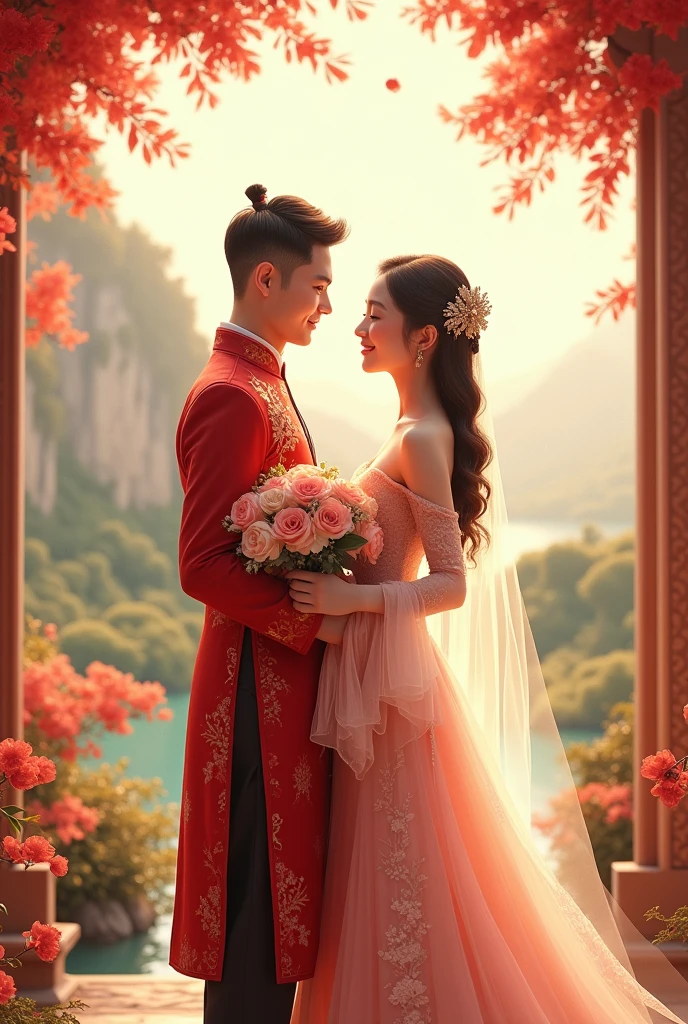 An Asian wedding couple with beautiful background