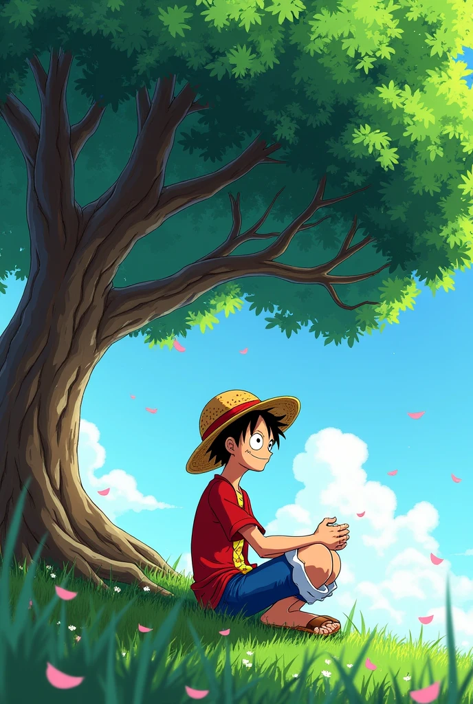 Character luffy from onepiece. Sitting under a blossom tree in a meditating position. The tree leaves are green and the tree bark is brown. Create it in the style of onepiece anime. The picture is directly pointed at the character, capturing the tree and the character.