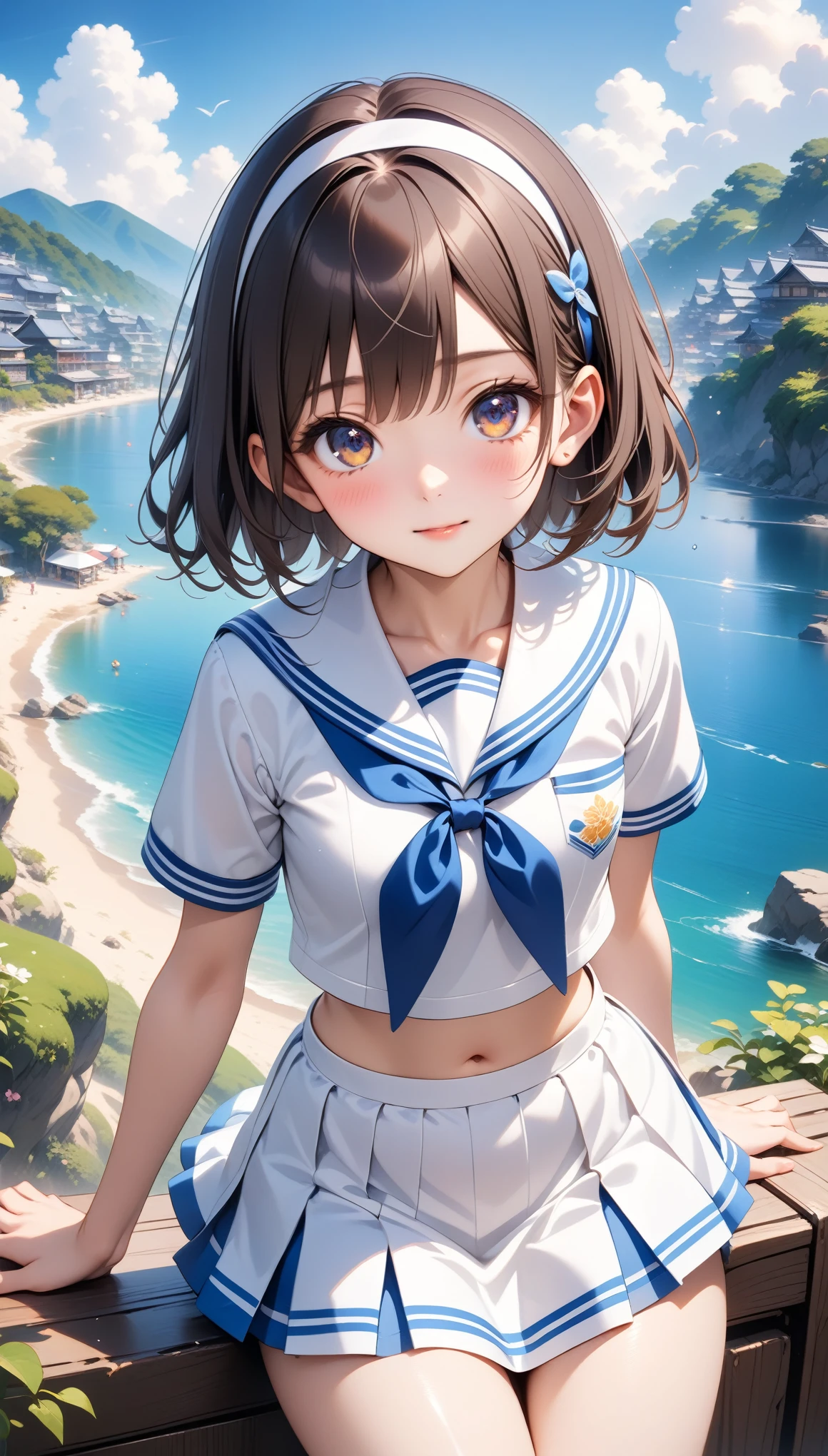 (masterpiece,Highest quality,Ultra-high resolution),Japanese women, Very beautiful 10 year old girl, Innocent Girl、(Perfect limbs、Perfect Anatomy),(Bob Hair,hair band).Cute Sailor Uniform、Short-sleeved sailor uniform、Super short skirt in navy blue、pure white、Glowing Beautiful Skin、Watery eye、Shiny brown hair、The colors and landscapes of youth、Feelings of love, ai-generated,Shiny Costumes, skindentation,