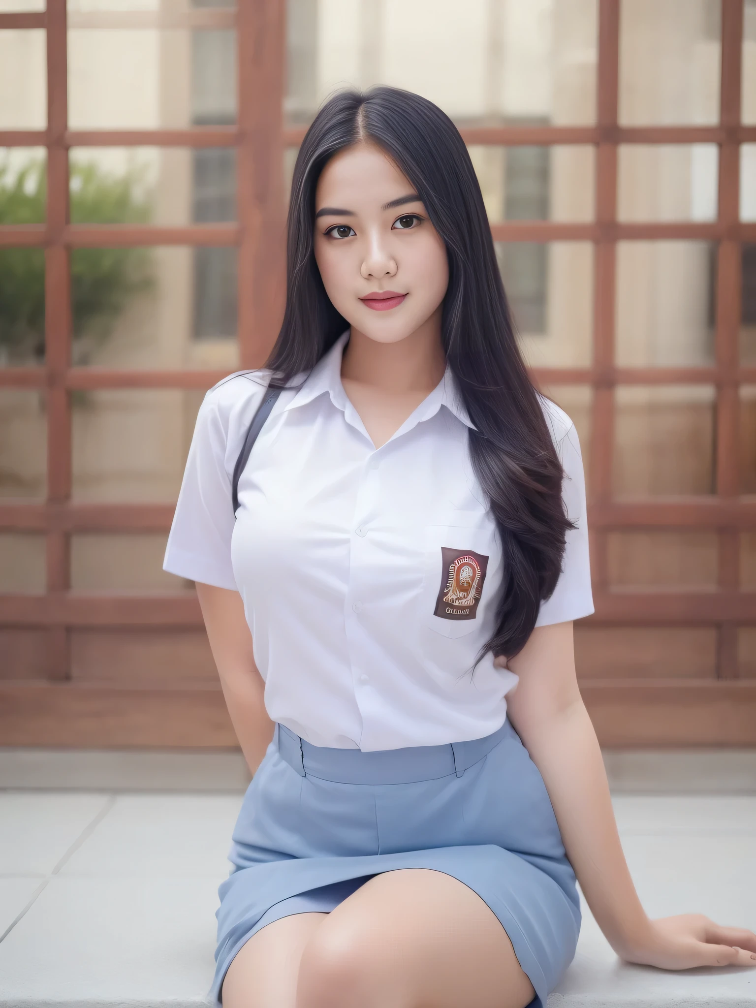 1girl, solo, 19 years old, (uniform), sits on something, detailed Metropolitan city at the background, portrait, thick breasts, semi-curvy body, smooth realistic skin, cute smirk, white shirt, grey blue short skirt, looking at the audience, high angle shot,(8k, RAW photo, best quality, masterpiece: 1.3), (realistic, realistic: 1.37), ultra-high resolution, cowboy shot