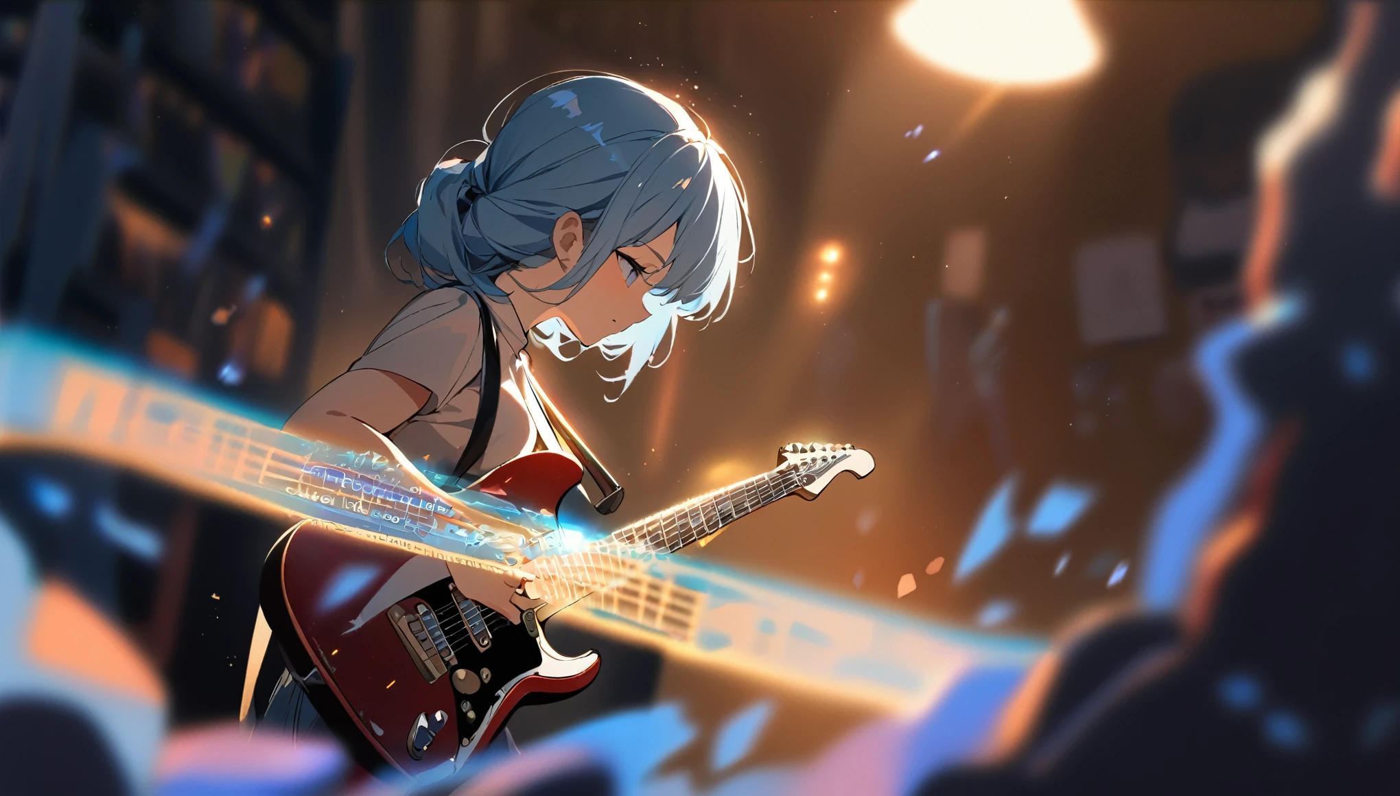 One Girl, length, Electric guitar, Focus Only, (Written boundary depth, Ambient Lighting, Blurred foreground, Blurred Background:1.3), atmosphere, Flares of light, Intricate details, Enhanced lighting for spectators、Portraiture、Light blue hair&#39;Trying to start moving.,The background is amazing,Rei Ayanami,No exposure,One Girl,High resolution,Live feeling,Sharp focus, (One Girl: 1.1),A small smile

