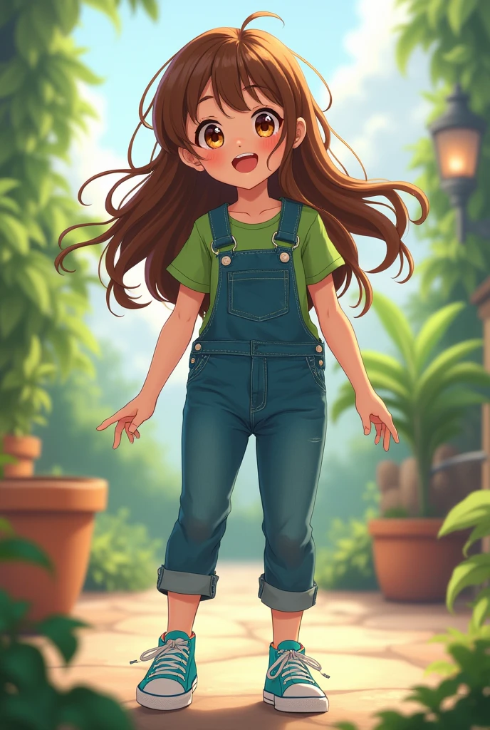A female anime character who is around 8 years old has long wavy hair, brown eyes, wears denim overalls, a green shirt underneath and finally a cyan All Star.
