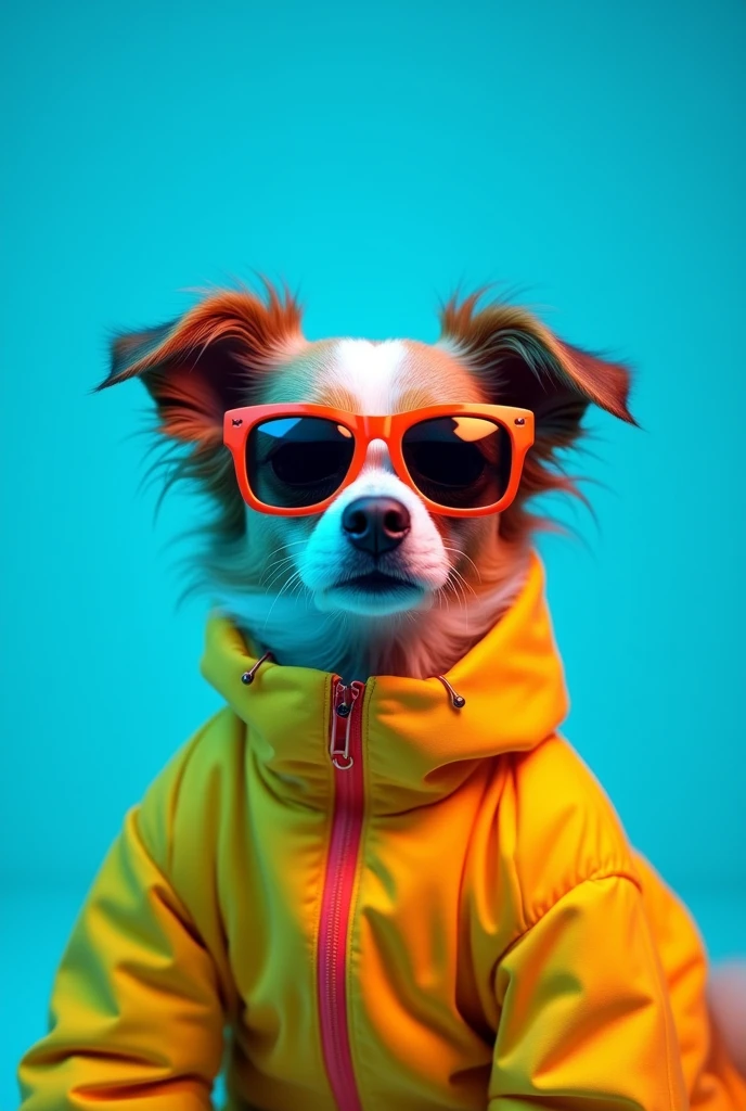 The best cell phone wallpaper, Award-Winning Wallpaper, portrait photography, In the front view is a portrait of a cute dog wearing mid-1960s space age fashion, Side view photo, Shot with Canon EOS R5, Set a strong contrast that accentuates the subject, Fluorescent blue tone, Wearing a very modern coat and sunglasses is a modern 1960s style, Clothes all in one color, beautiful background