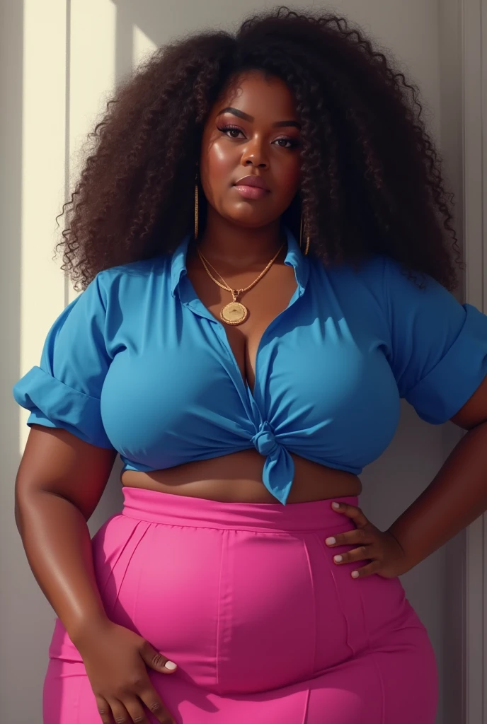 A girl, teacher, black skin, with curls, big tits and ass, Madura, with a pink skirt and blue blouse.