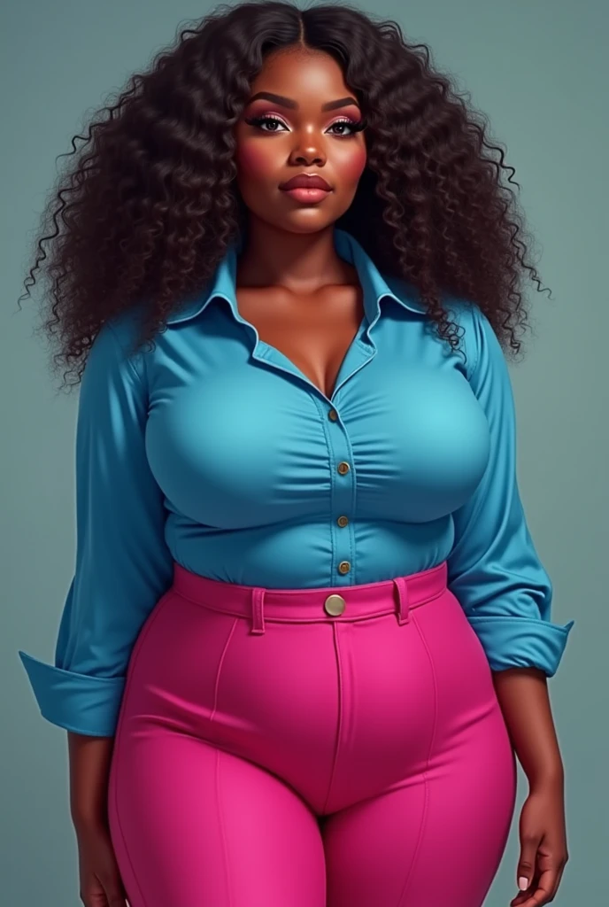 A girl, teacher, black skin, with curls, big tits and ass, Madura, with a pink skirt and blue blouse.